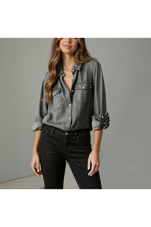 Womens Denim Shirt Business Casual Button down Work Blouses Long Sleeve Jean Jackets with Pockets