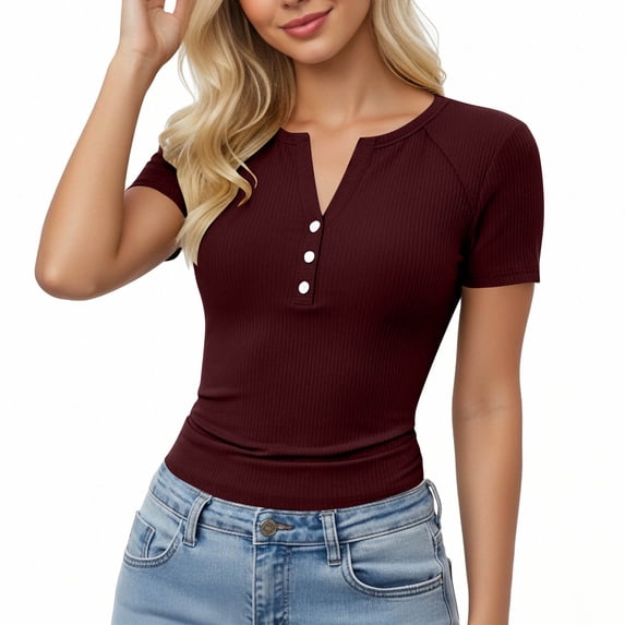 Dagugfen Womens Henley Shirts Short Sleeve Notch V Neck Button Ribbed Knit Tops Slim Fitted Stretchy Summer Casual Tee Shirts