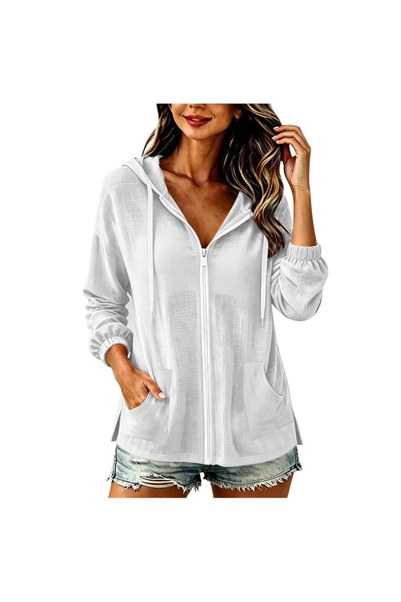 Womens Jackets Long Sleeve Cinch Cuff Hooded Drawstring Full Zip Athletic Casual Tops with Pockets