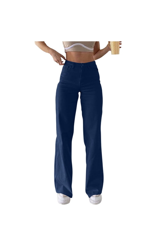 Womens Jean Pants Elastic Waist Regular Fitted Button Jeans with Pockets Fashion Denim Pants for Women