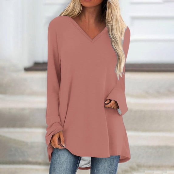 Dagugfen Womens Long Sleeve Shirts V Neck Basic Tee Tops Loose Fitting Casual Long Blouses Fall Outfits