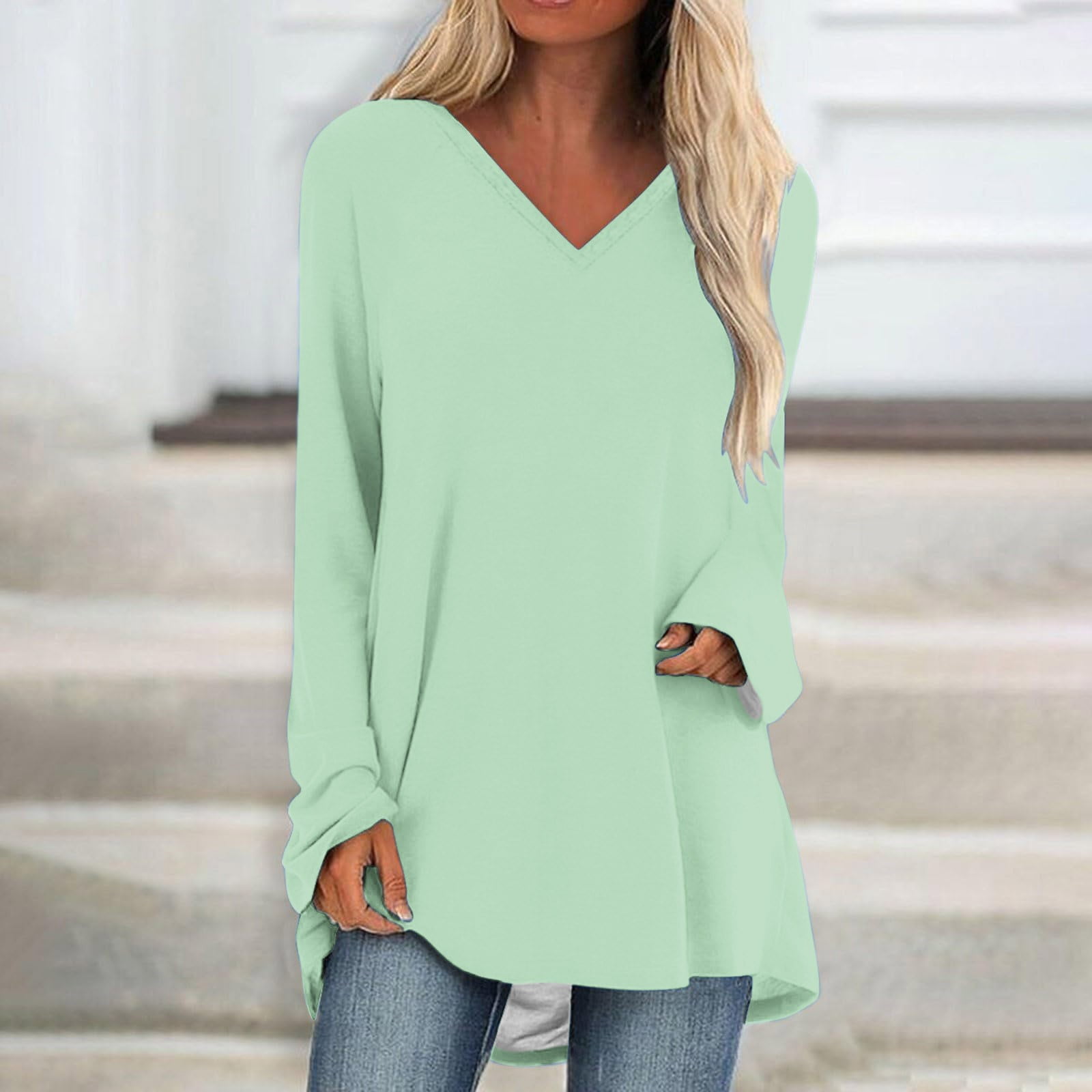 Dagugfen Womens Long Sleeve Shirts V Neck Basic Tee Tops Loose Fitting ...