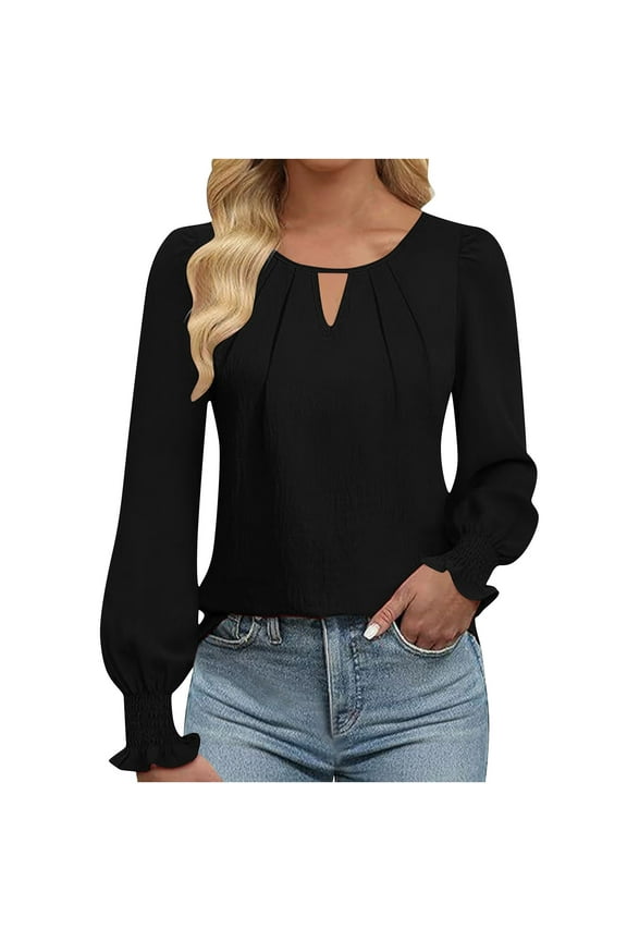 Womens Long Sleeve Tops Dressy Casual Keyhole Blouses Pleated Tops Trendy Basic Work Shirts