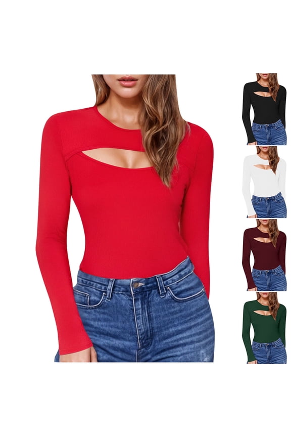 Womens Long Sleeve Tops Patchwork Cut out Front Slim Fitted Casual Comfy Fall Tshirt for Party