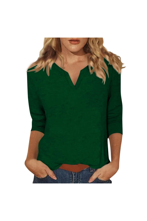 Womens Notch V Neck Casual Shirts 3/4 Sleeve Regular Fitted Daily Loungewear Tops Summer Trendy