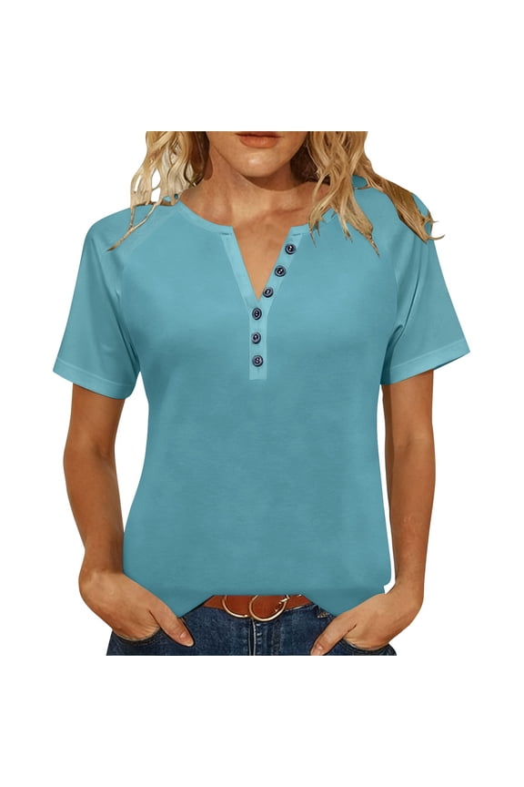 Womens Notch V Neck Casual Shirts Short Sleeve Regular Fitted Homewear Basic Tops for Women Solid Color