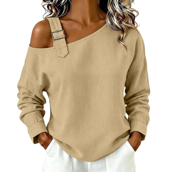 Dagugfen Womens One Shoulder Sweatshirts Cotton Linen Long Sleeve Adjustable Buckle Breathable Fall Winter Wear Tops(XXL,Coffee)