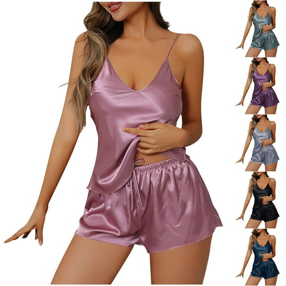Dagugfen Womens Pajama Sets 2 Piece Low Cut Camisole Tank Tops and Drawstring Shorts Satin Comfy Sleepwear