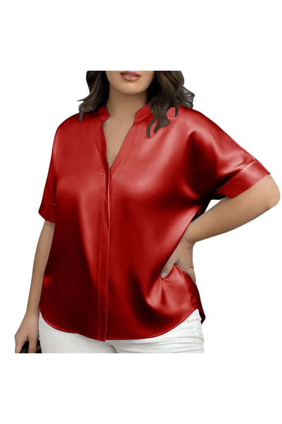 Womens Pullover V Neck Short Sleeve Tops Satin Loungewear Sleep Wear Pajama Tops