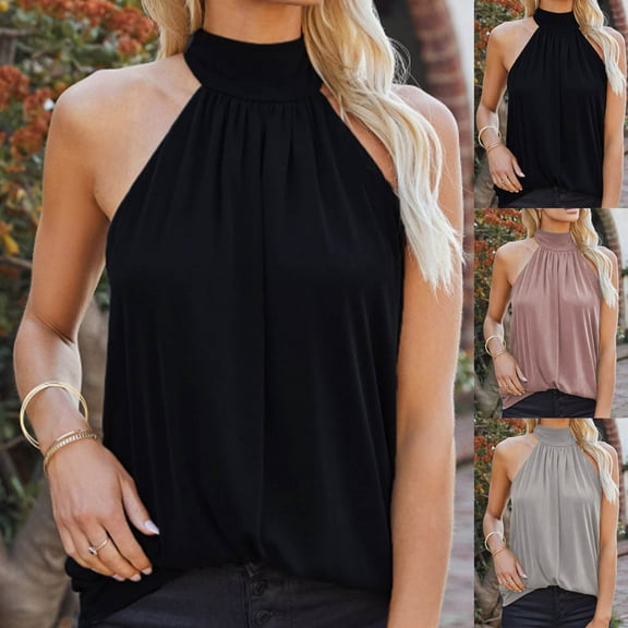 Dagugfen Womens Shirts Sleeveless Mock Neck Halter Tank Tops Tie Back Pleated Casual Loose Cami Blouse