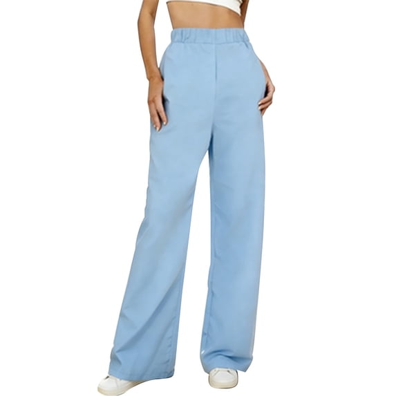 Dagugfen Womens Straight Leg Pants Basic Full Length Elastic Waist Pants with Pockets Solid Color Daily Wear