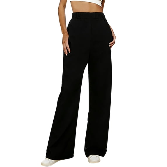 Dagugfen Womens Straight Leg Pants Basic Full Length Elastic Waist Pants with Pockets Solid Color Daily Wear
