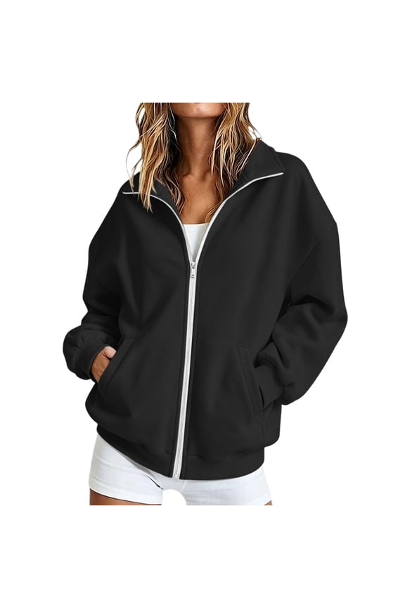 Womens Sweatshirts Full Zip Lapel Long Sleeve Cinch Cuff Breathable Athletic Casual Tops with Pockets(S,Black)