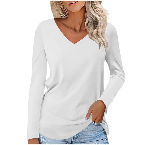 Dagugfen Womens T Shirts Long Sleeve V Neck Basic Tee Casual Loose Fitting Comfy Fall Tops Blouses Outfits