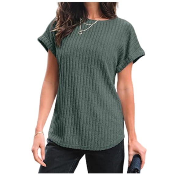 Dagugfen Womens T Shirts Ribbed Knit Short Sleeve Notch Crew Neck Casual Loose Fitted Tops for Women Solid Color