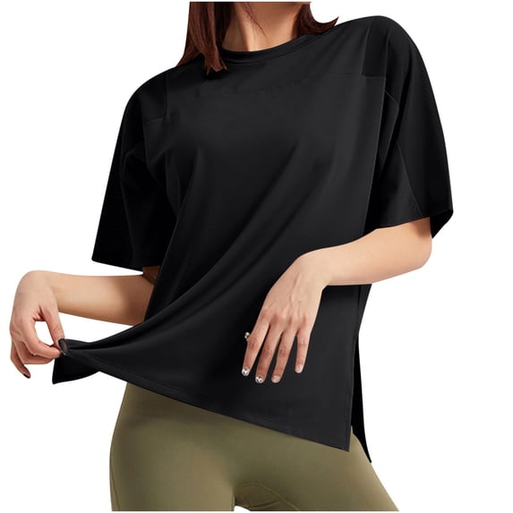 Dagugfen Womens T Shirts Short Sleeve Side Slioped Crew Neck Quick Drying Loose Fitted Tops Solid Color
