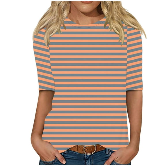Dagugfen Womens T Shirts Striped Half Sleeve Crew Neck Slim Fitted Casual Lightweight Blouses for Going Out