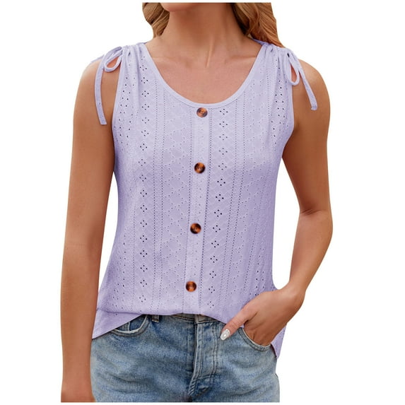 Dagugfen Womens Tank Top Round Neck Button down Tie Shoulder Eyelet Lightweight Sleeveless Vests Tops
