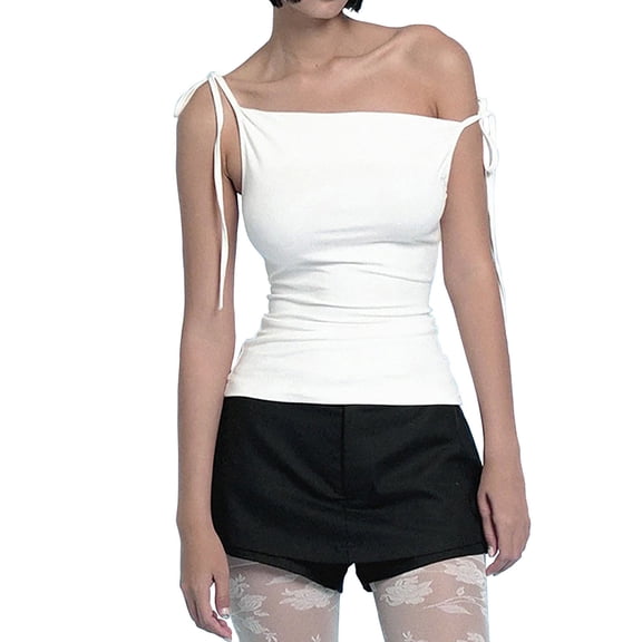 Dagugfen Womens Tank Tops Spaghetti Tie Straps Slim Fitted Curvy Going out Sleeveless Cami Shirt Fashion