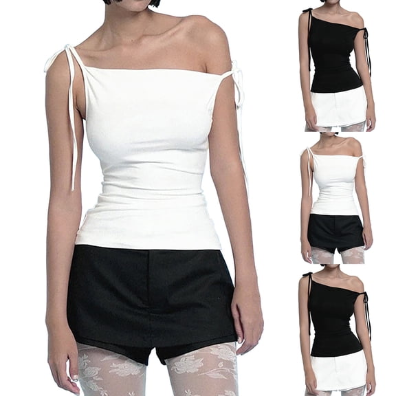 Dagugfen Womens Tank Tops Spaghetti Tie Straps Slim Fitted Curvy Going out Sleeveless Cami Shirt Fashion