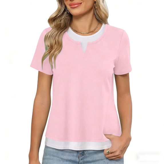 Dagugfen Womens Tops Crew Neck Short Sleeve Double Layer Color Blocked Tee Shirt Tops Regular Fitted Summer Casual Tshirts