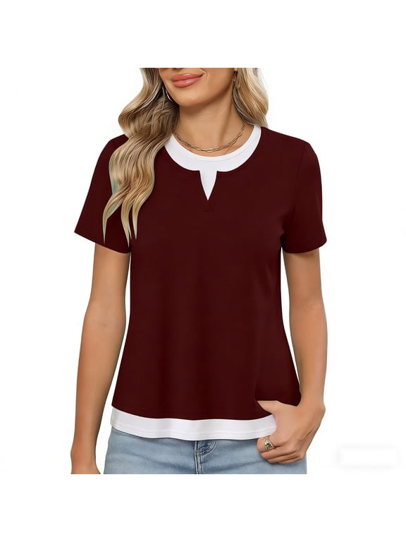 Womens Tops Crew Neck Short Sleeve Double Layer Color Blocked Tee Shirt Tops Regular Fitted Summer Casual Tshirts