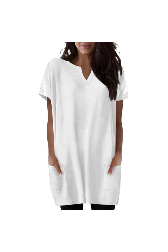 Womens Tops Notch V Neck Short Sleeve Long Shirts Home Sleep Wear Pajama Blouses for Women