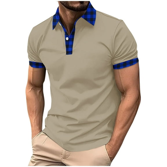 Dagugfen Work Shirts for Men Button Lapel V Neck Short Sleeve Plaid Fitted Business Casual Tee Shirts Summer