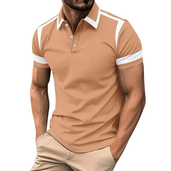 Dagugfen Work Shirts for Men Short Sleeve Button Lapel V Neck Slim Color Block Breathable Casual Tops