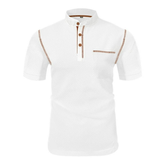 Dagugfen Work Shirts for Men Summer Short Sleeve Button Stand Collar Casual Office Tops Solid Color