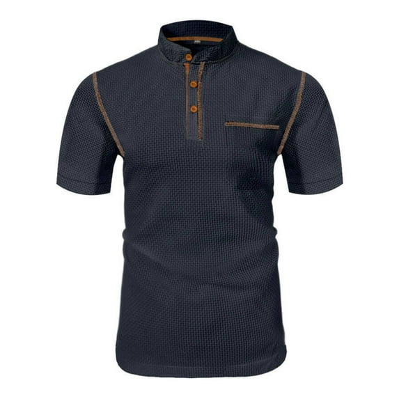 Dagugfen Work Shirts for Men Summer Short Sleeve Button Stand Collar Casual Office Tops Solid Color