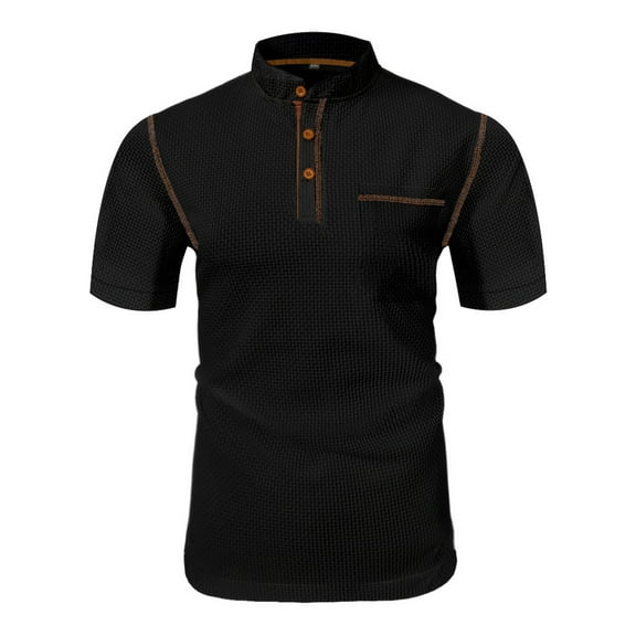 Dagugfen Work Shirts for Men Summer Short Sleeve Button Stand Collar Casual Office Tops Solid Color