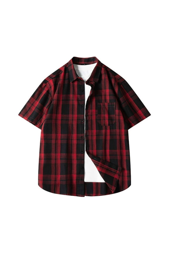 Work Tops for Men Short Sleeve Button up Drop Shoulder Loose Plaid Casual Office T Shirts Pocket