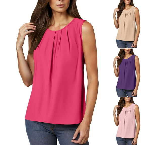 Dagugfen Work Tops for Women Sleeveless Chest Pleated Loose Solid Color Lightweight Office Casual Tops