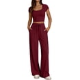 thumbnail image 1 of Dagugfen Workout Sets for Women Short Sleeve Crew Neck Fitness Tops Loose Fitted Elastic Waist Full Length Pants Breathable Athletic Casual Sets(XL,Wine), 1 of 7