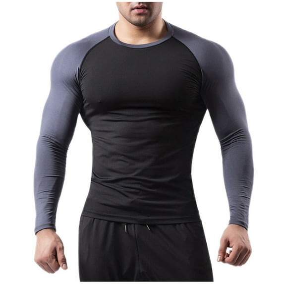 Dagugfen Workout Shirts for Men Crew Neck Long Sleeve Tight Lightweight Color Block Training Gym Tops