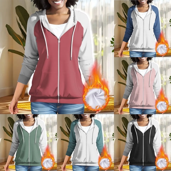 Dagugfen Workout Tops for Women Color Block Jackets Zipper up Long Sleeve Warm Fleece Lined Comfy Sweatshirts