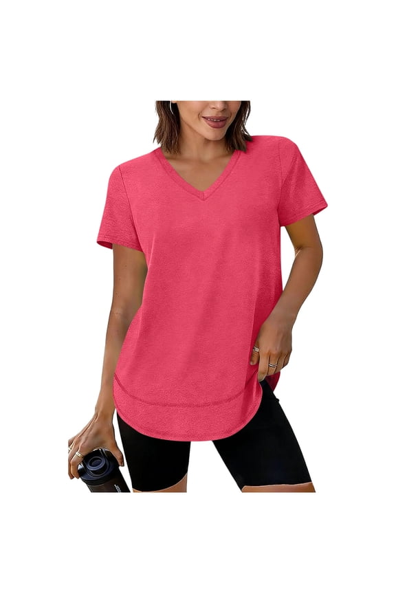Workout Tops for Women Short Sleeve V Neck Hem Split Athletic Tops Loose Fitted Outdoor Running Tee Shirts
