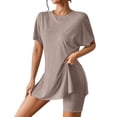 thumbnail image 1 of Dagugfen Yoga Sets for Women Crew Neck Short Sleeve Loose Fitted Side Slit Long Tops Elastic Waist Slim Fitted Legging Shorts Athletic Indoor Training Workout Sets(XXL,Brown), 1 of 6