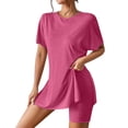 thumbnail image 1 of Dagugfen Yoga Sets for Women Crew Neck Short Sleeve Loose Fitted Side Slit Long Tops Elastic Waist Slim Fitted Legging Shorts Athletic Indoor Training Workout Sets(S,Hot Pink), 1 of 7