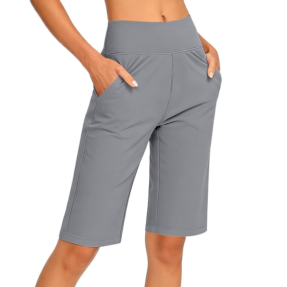 Dagugfen Yoga Shorts for Women Knee Length Straight Leg Elastic Waist Stretchable Athletic Workout Short Pants with Pockets