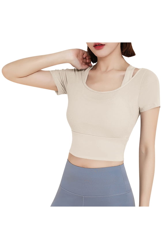 Yoga Tops for Women Short Sleeve Square Neck Crop Tops Stretchy Spandex Tee Shirts Gym Workout Activewear Tops