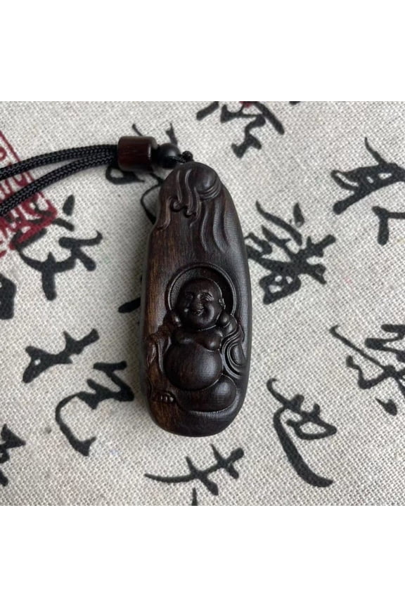 Dahala Wood Maitreya Buddha Pendant Double Sided Carved Amulet Charm Chinese Style Wooden Necklace for Men and Women