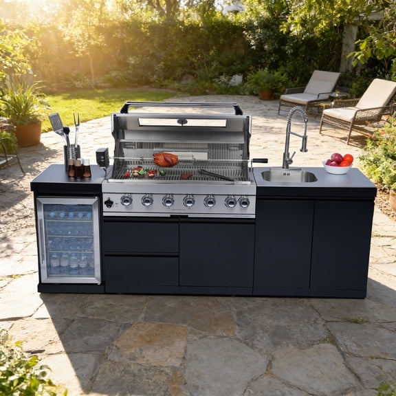 Daheat Premium Edition 82-Inch 6-Burner 85000 BTU Stainless Steel Gas Outdoor Kitchen Bar Barbecue Island Grill + Refrigerator + Rotisserie + Integrated Stainless Steel Sink + Double Door Cabinets