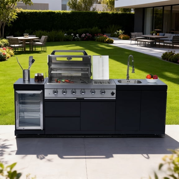 Daheat Premium Edition 98-Inch 4-Burner 72000 BTU Stainless Steel Gas Outdoor Kitchen Bar Barbecue Island Grill + Refrigerator + Rotisserie + Integrated Stainless Steel Sink + Double Door Cabinets