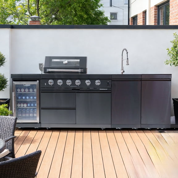 Daheat Black Stainless Steel Outdoor Kitchen Island with 46-Inch 4-Burner Grill, Sink, Wine Cooler, Refrigerator & Granite Countertops