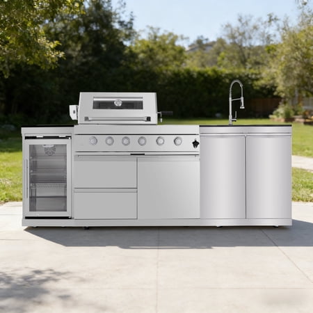 Daheat Outdoor Kitchen Island Stainless Steel with 46-Inch 4-Burner 72000 BTU Grill, Wine Cooler, Compact Refrigerator, Rotisserie & Granite Countertops
