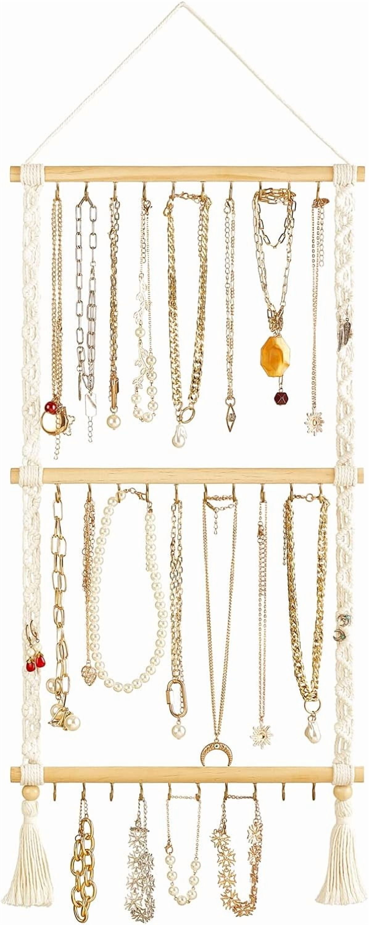 Dahey Hanging Jewelry Organizer Macrame Necklace Holder with 30 Hooks Wall Mounted Jewelry Hanger Over Door Necklace Rack with Tassel for Necklace Bracelet Earring Headband Bow Organizer