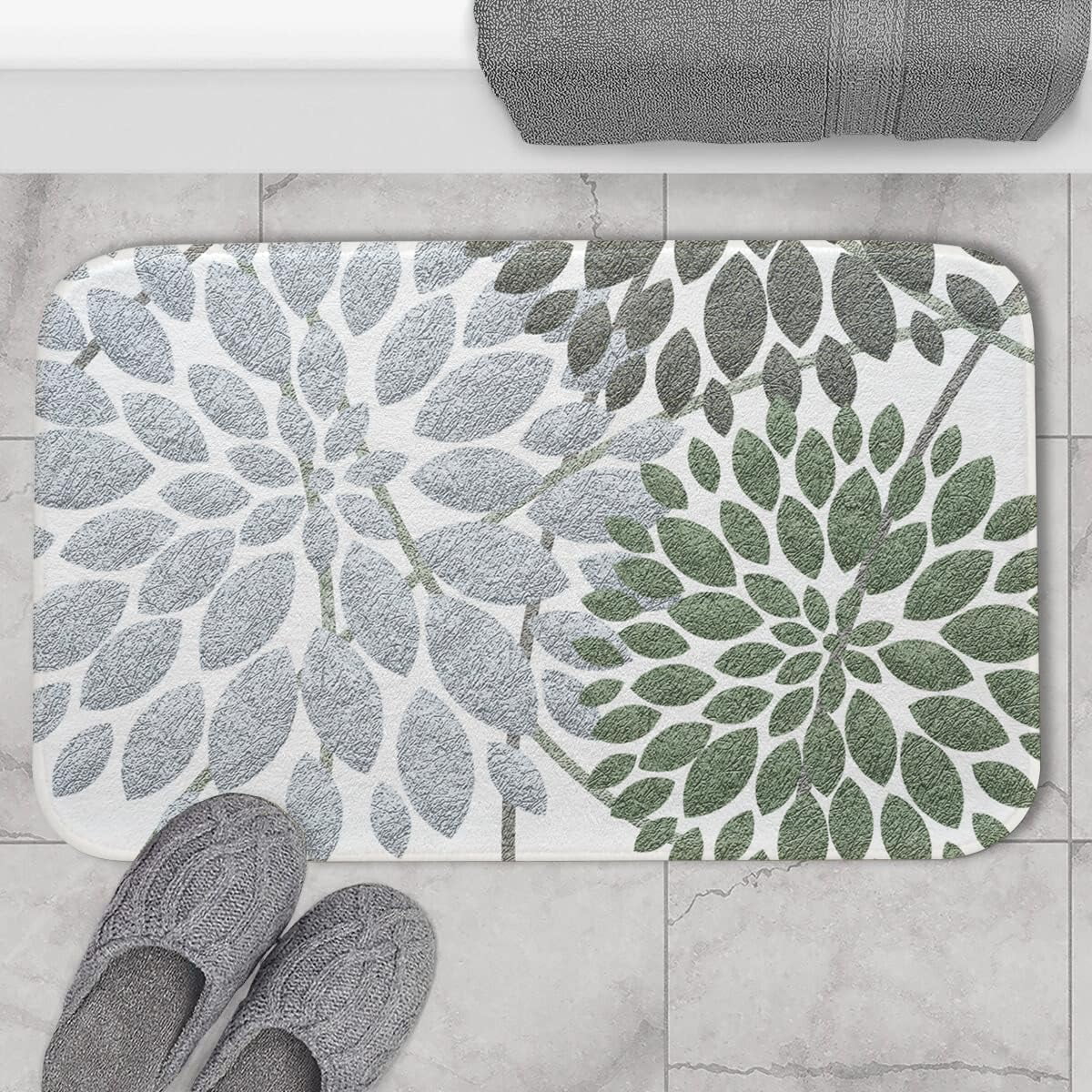 Dahlia Bathroom Rug Bath Mat Green Gray Boho Floral Art Non Slip Doormat Water Absorbent Small Area Rugs Carpet Thick Plush Door Mats Kitchen Bathtub Shower Floor Mats, 17.5 x 29.5 Inch