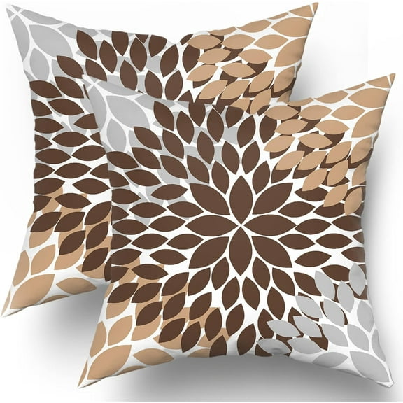 Dahlia Brown Pillow Covers 18X18 In Coffee Colored Grey Floral Geometric Couch Pillow Cases Gray Elegant Geometry Flower Throw Pillows Set of 2 Spring Summer Home Decor for Room Bed Cushion Outdoor